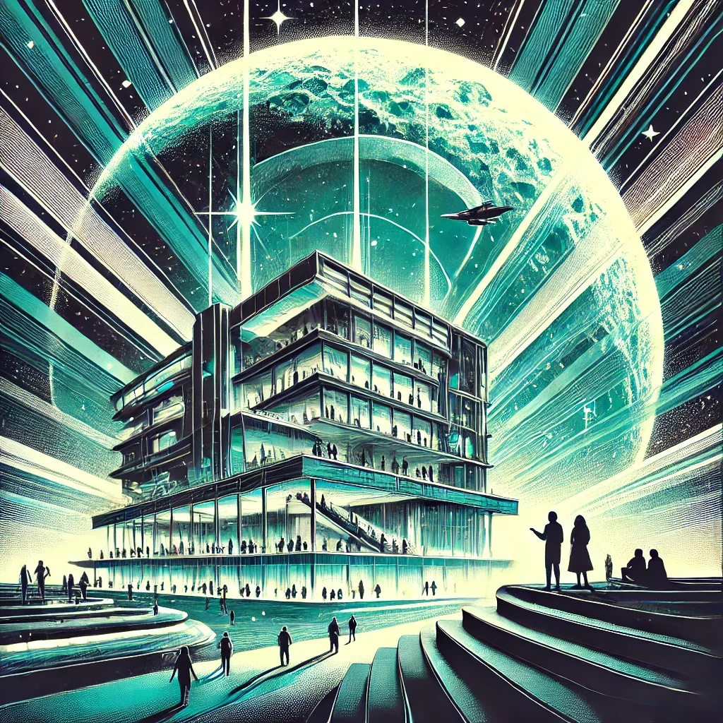 DALL·E 2024-10-23 11.05.25 - An upscaled version of the original image showing a futuristic scene with a large moon in the background, people in a multi-story building with modern