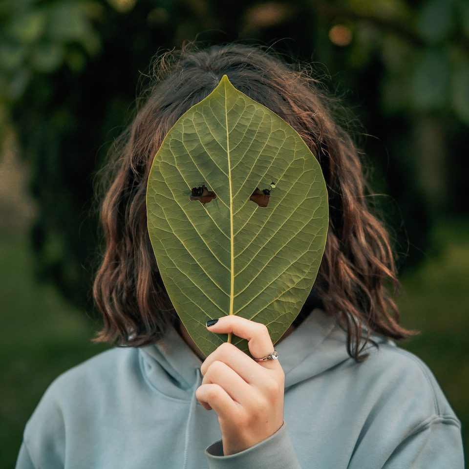 woman in gray long sleeve shirt holding green leaf